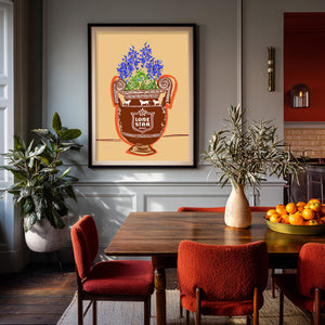 Bluebonnet amphora art print by Betsy Crum framed in a dining room