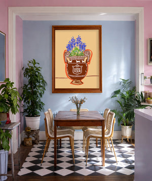 Lone Star bluebonnet amphora print by Betsy Crum framed in a pink and blue room