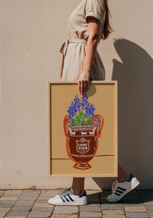 Lone Star Beer and Books Texas art print by Betsy Crum — framed with velvet mat
