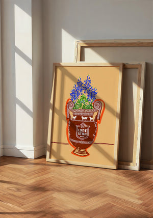 Lone Star Beer and Books Texas art print by Betsy Crum — neutral frame room mockup