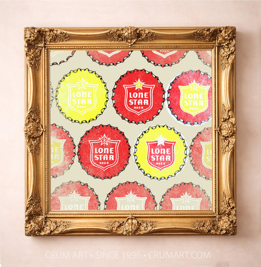 Lone Star Bottlecap Print art print in a gold frame by Betsy Crum — square bar wall art from Crum Art, available at crumart.com. This museum quality print is made right here in Texas.