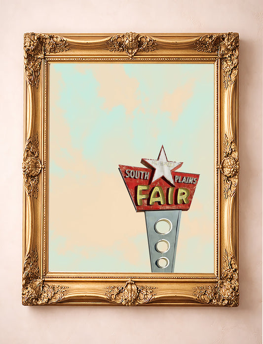 Lubbock Texas wall art South Plains Fair sign print by Betsy Crum in a gold frame room scene