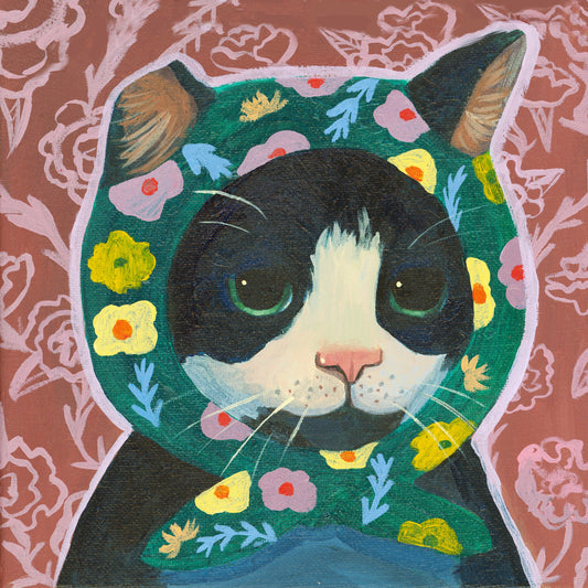Mama Kitty Art Print – Tuxedo Cat in Floral Scarf Cottage Core Wall Art | Caya Crum