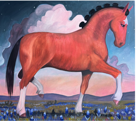 Bluebonnet Mare original painting by Caya Crum — chestnut mare in a field of bluebonnets at dusk, 20 x 24 inches