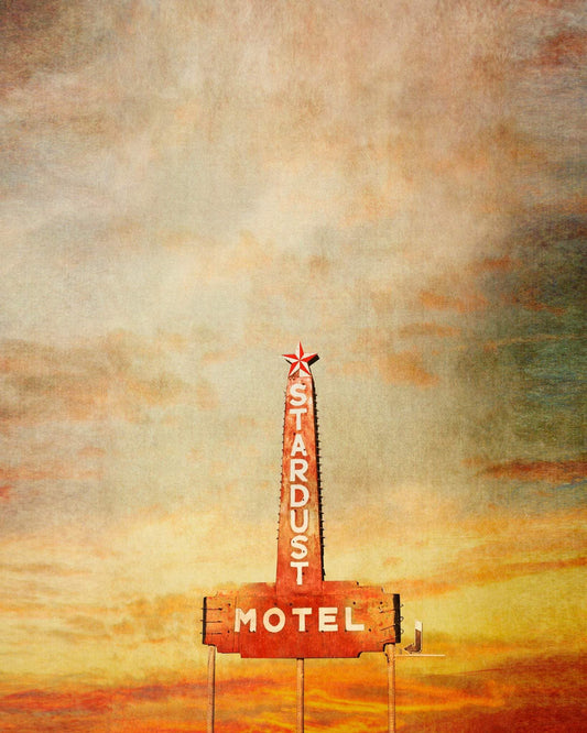 Vintage Marfa Stardust Motel sign art print with glowing West Texas sky background