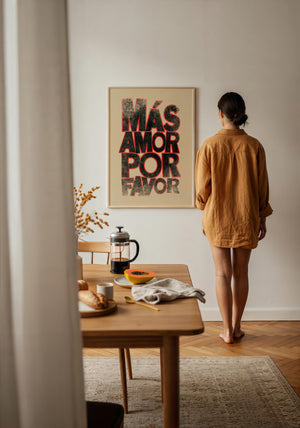 Mas Amor Por Favor typography print by Betsy Crum — framed with velvet mat