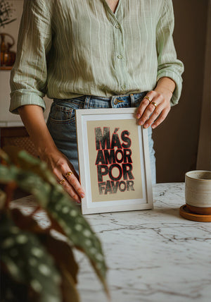 Mas Amor Por Favor typography print by Betsy Crum — neutral frame room mockup