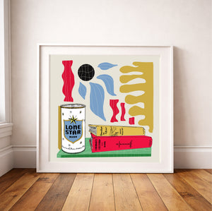 Texas Wall Art Print — Lone Star Beer and Books Collage | Betsy Crum