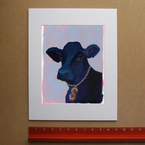 Matted Money Cow fine art print by Caya Crum with cow portrait and pink lavender background