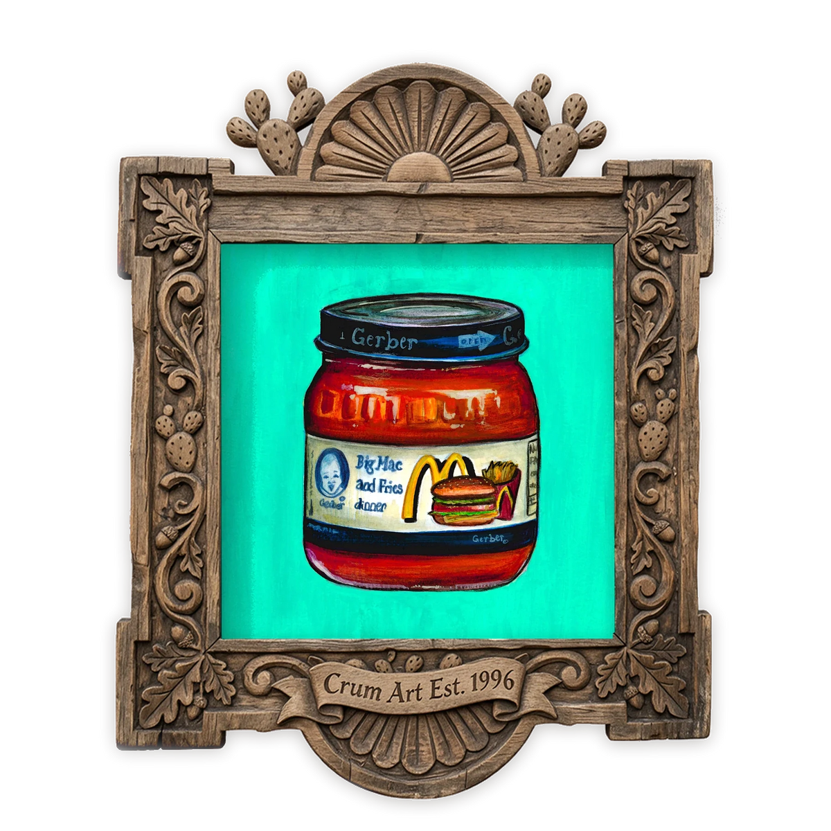 Gerber Big Mac — weirdcore art print by Caya Crum in a square carved wood frame
