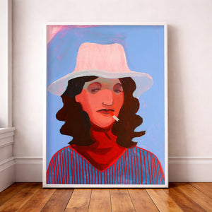 Western cowgirl portrait print with white cowboy hat, red scarf, striped shirt, cigarette, and blue background
