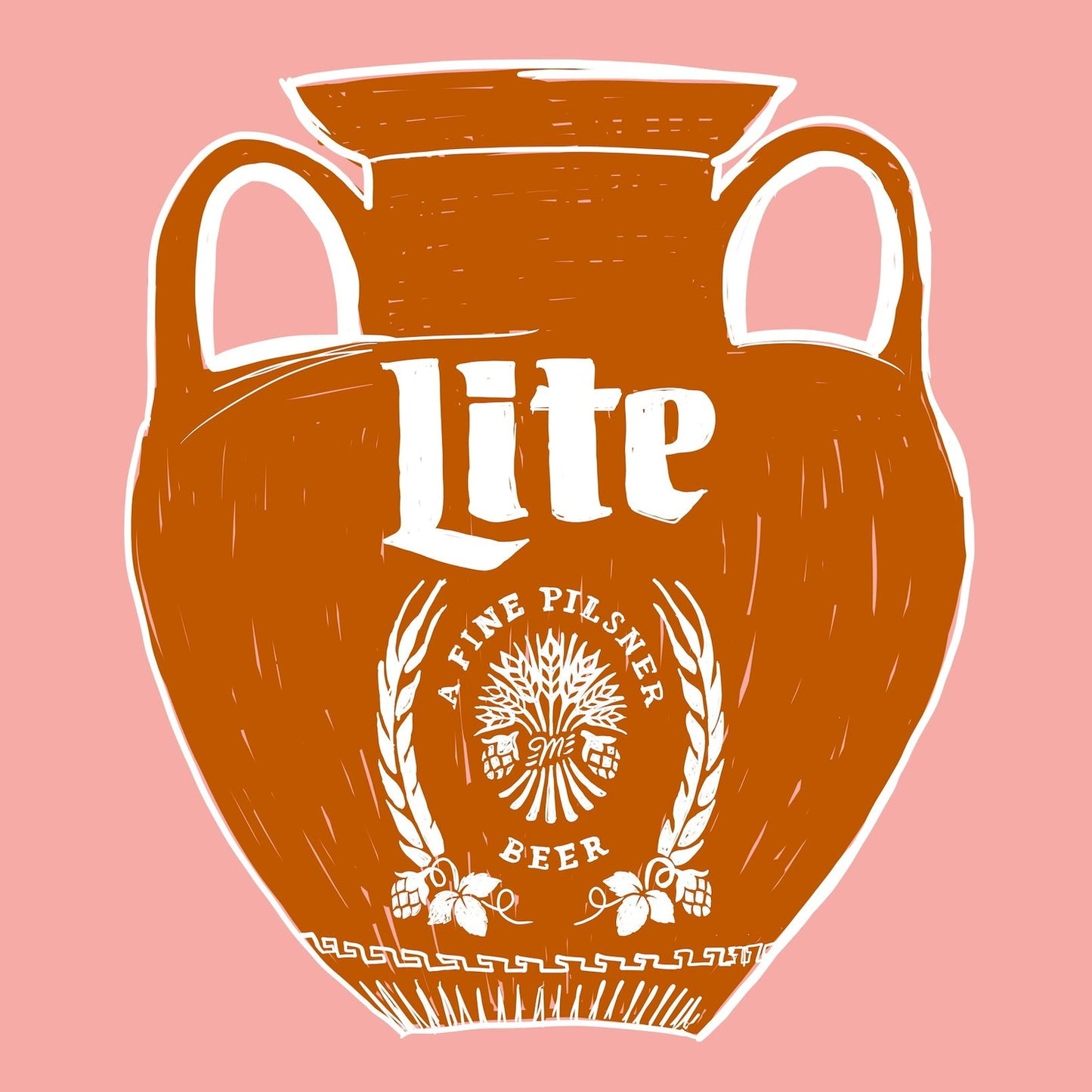 Miller Lite Amphora Art Print by Betsy Crum, inspired by Greco-Roman pottery, vintage beer branding, and the kind of high-low bar art that feels both smart and funny, available at crumart.com. This museum quality print is made right here in Texas.