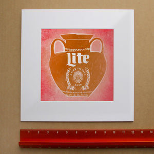 Miller Lite Amphora Art Print by Betsy Crum, inspired by classical vessel forms, Miller Lite nostalgia, and the kind of eclectic kitchen or bar decor that gets a laugh from the right people, available at crumart.com. This museum quality print is made right here in Texas.