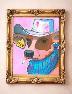 Smoking Cowboy Cow Hazel Gold Earring Texas Western shown framed by Crum Art