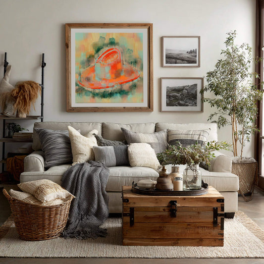 Modern colorful cowboy hat art print hanging above a beige sofa in a cozy living room with rustic wooden chest and plants