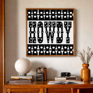 Texas Howdy Black and White Art Print by Betsy Crum, a matted archival art print inspired by Texas howdy charm, black-and-white farmhouse style, and the polished feel of a midcentury office, available at crumart.com. This museum quality print is made right here in Texas.