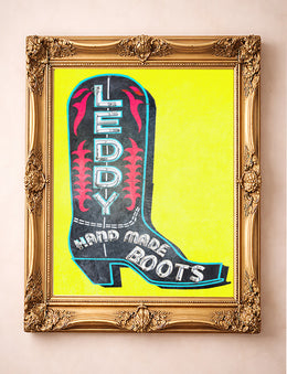 Leddy cowboy boot yellow Fort Worth print by Betsy Crum in a gold frame