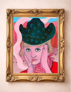Emma rodeo queen smoking cowgirl print by Caya Crum in a gold frame