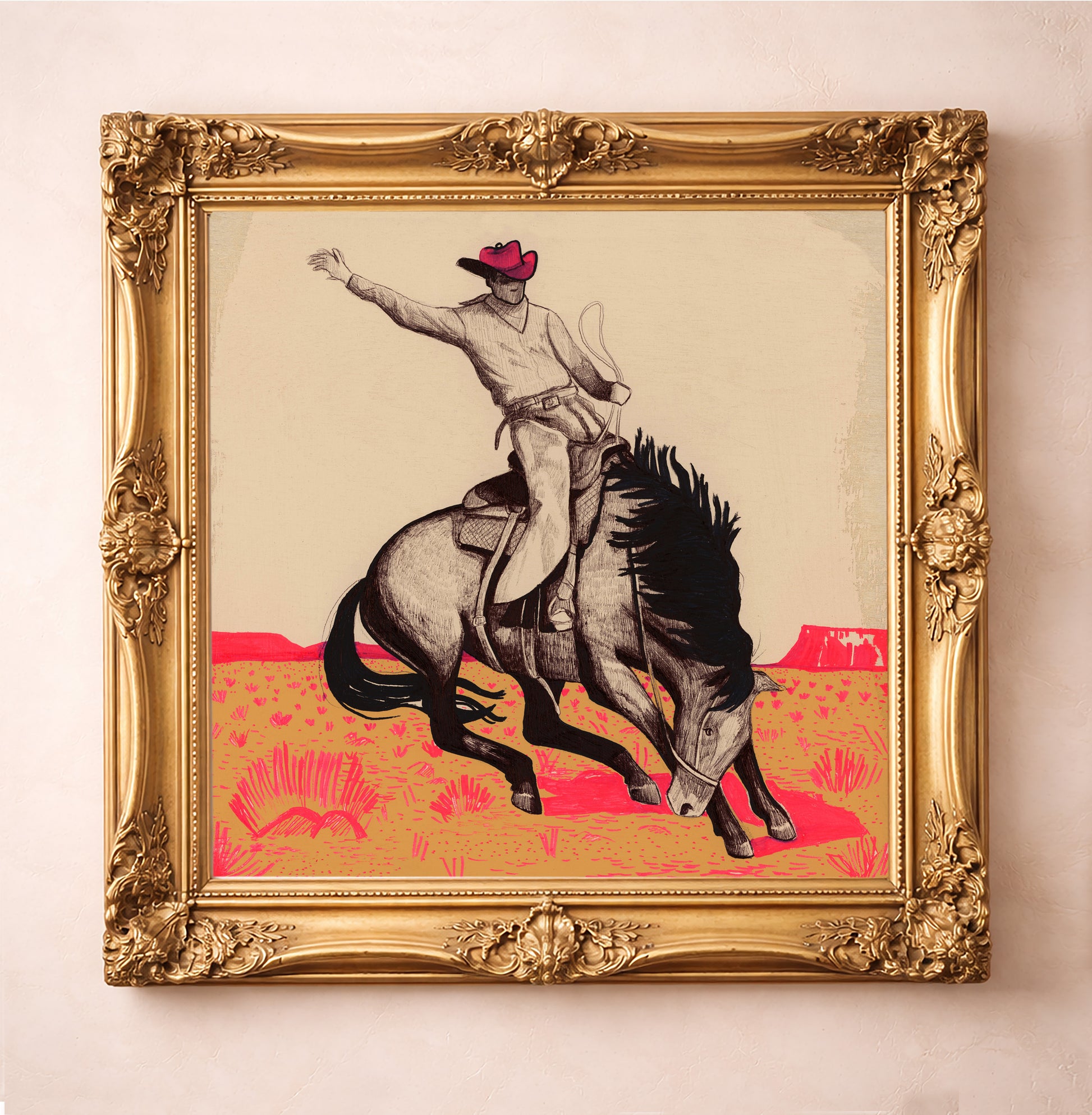 Modern Western Art Cowboy Bronc Buster Print by Caya Crum, inspired by iconic rodeo imagery, pen-and-ink detail, and a bold pink-and-beige palette that gives western iconography a sharper, more unforgettable edge, available at crumart.com. This museum quality print is made right here in Texas.