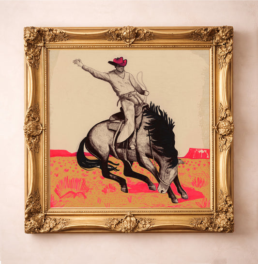 Modern Western Art Cowboy Bronc Buster Print by Caya Crum, inspired by iconic rodeo imagery, pen-and-ink detail, and a bold pink-and-beige palette that gives western iconography a sharper, more unforgettable edge, available at crumart.com. This museum quality print is made right here in Texas.