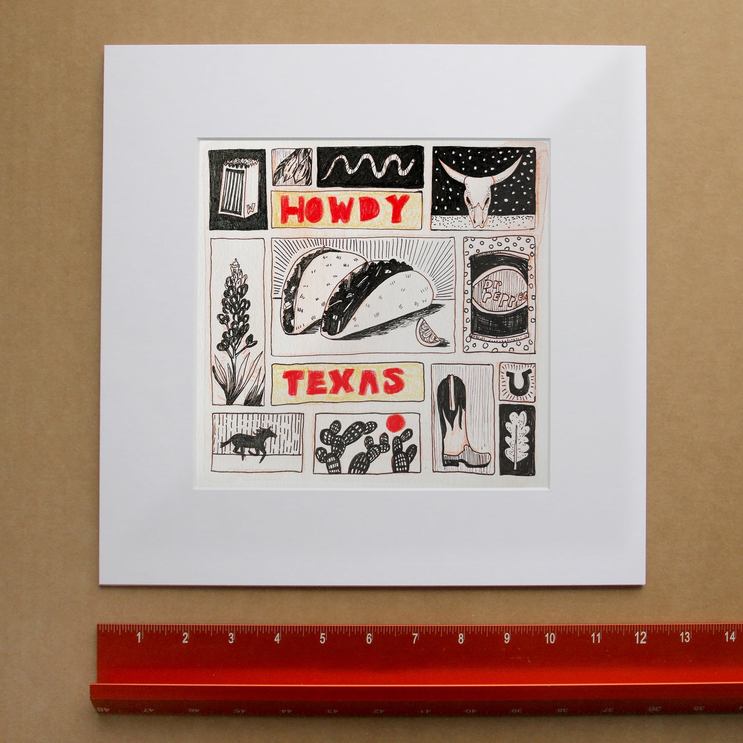 Texas art print by Caya Crum featuring bluebonnets, tacos, longhorn skull, cowboy boots, prickly pear, and Dr Pepper. available at crumart.com