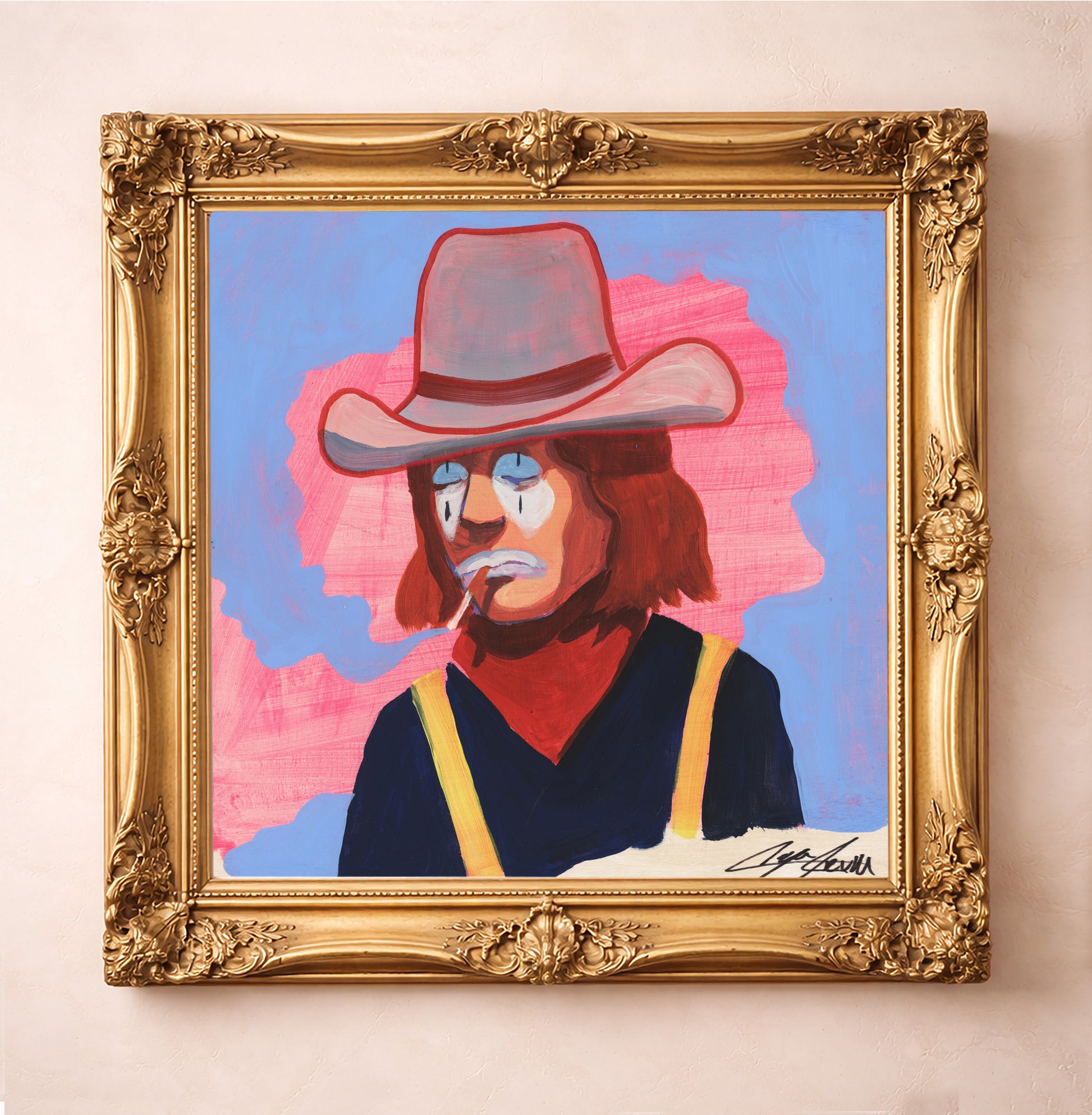 Modern Western Rodeo Clown Art Print by Caya Crum, inspired by offbeat rodeo character, pink-and-blue western color, and the kind of unconventional portrait that gives a western gallery wall more personality, available at crumart.com. This museum quality print is made right here in Texas.