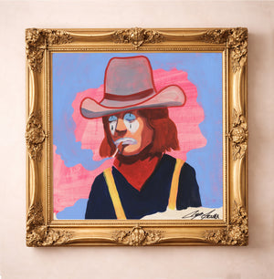 Modern Western Rodeo Clown Art Print by Caya Crum, inspired by offbeat rodeo character, pink-and-blue western color, and the kind of unconventional portrait that gives a western gallery wall more personality, available at crumart.com. This museum quality print is made right here in Texas.