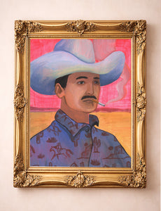 Maverick smoking cowboy art print by Caya Crum in ornate gold frame, cowboy in a toile shirt