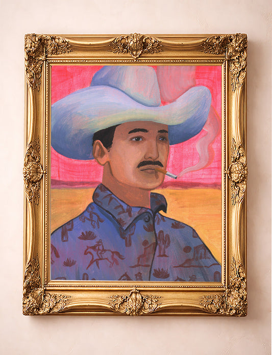 Smoking Cowboy Tex Green Shirt Texas Western shown framed by Crum Art