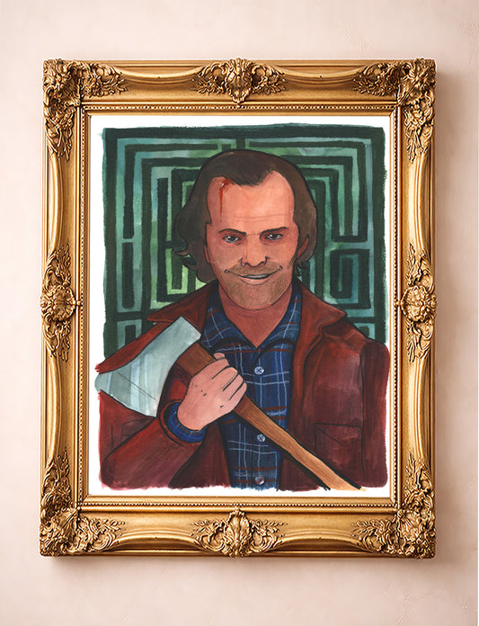 Danny Boy art print — Jack Nicholson in The Shining painted by Caya Crum, shown in gold frame