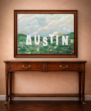 Austin wall art Hollywood style sign print by Betsy Crum shown horizontal in a styled room