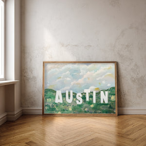 Austin wall art Hollywood style sign print by Betsy Crum framed room mockup