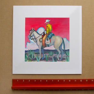 Neo Surreal Western Art Print by Caya Crum, inspired by a bright pink sky, a white horse, a yellow shirt with red rose detail, and the kind of offbeat modern western energy that takes a gallery wall somewhere new, available at crumart.com. This museum quality print is made right here in Texas.