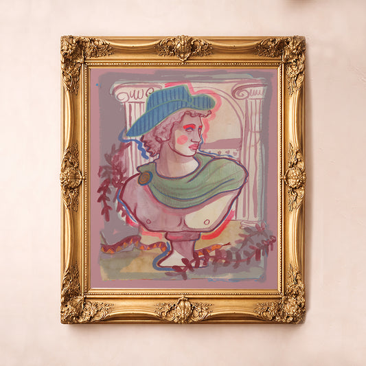 Neoclassical Cowboy Bust Print by Caya Crum, inspired by Roman statuary, western iconography, and a soft pastel palette that brings an elegant, offbeat note to a bedroom, office, or collected gallery wall, available at crumart.com. This museum quality print is made right here in Texas.
