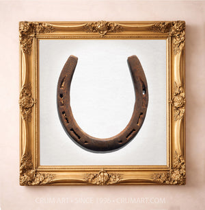 Western wall art Lucky Horseshoe print by Carl Crum in a square gold frame room scene