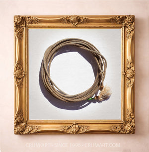 Modern Lariat on White print by Carl Crum in a square gold frame, 24x24