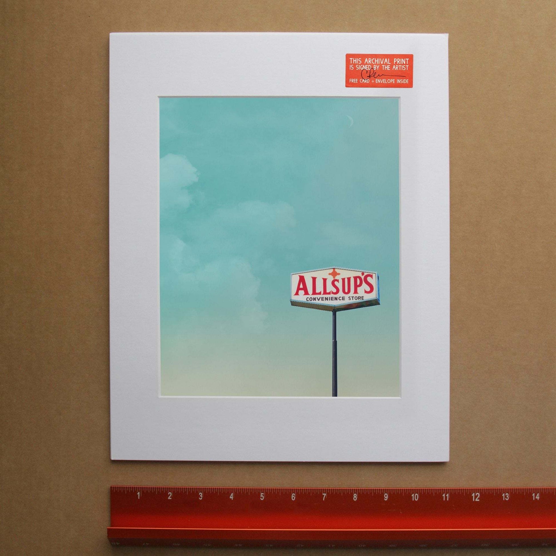 New Mexico Art. Allsups Art print featuring vintage Allsups convenience store sign against a clear blue sky, signed archival print