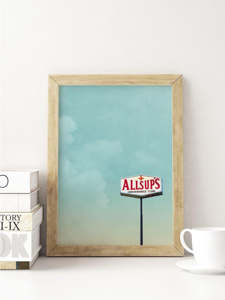 New Mexico Art.  Allsups Art print featuring a vintage Allsups Convenience Store sign against a clear blue sky with light clouds in a wooden frame.