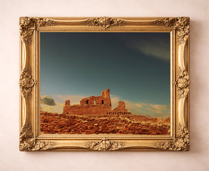 New Mexico landscape print with sunlit Abo mission ruins and big Southwestern sky in ornate gold frame