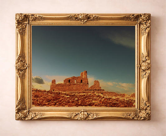 New Mexico landscape print with sunlit Abo mission ruins and big Southwestern sky in ornate gold frame