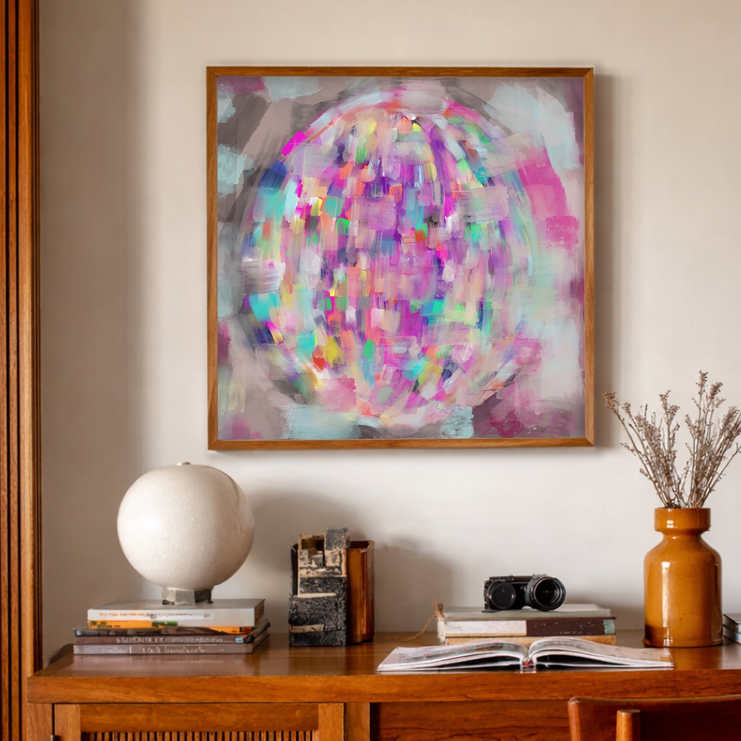 Disco Ball Wall Art by Crum Art, an archival art print inspired by vintage disco lights, dreamy color, and a little night fever nostalgia. This museum quality print is made right here in Texas.