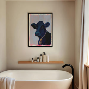 Money Cow cow art print by Caya Crum — no-glare framed vertical scene