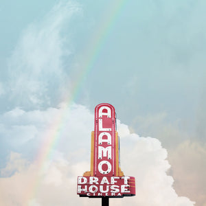 Old Austin Nostalgia Art Print by Betsy Crum, inspired by the South Lamar Alamo Drafthouse sign, big Texas sky, and the version of Austin people still remember with real tenderness, available at crumart.com. This museum quality print is made right here in Texas.