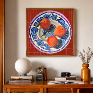 Parker County Peach Still Life Print by Caya Crum, inspired by one of Texas’s best-loved crops and a bright table setting that gives this fruit study an easy, generous warmth, available at crumart.com. This museum quality print is made right here in Texas.