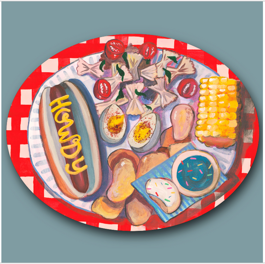 Party Plate original painting by Caya Crum — picnic plate with a Howdy hotdog, deviled eggs, corn and sprinkle cookies, 11 x 14 inches