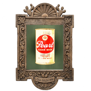 Pearl Bottle Last Light — bar art print by Betsy Crum in a carved wood frame