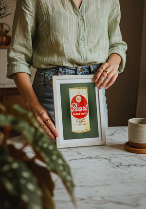 Pearl Bottle Last Light bar wall art print by Betsy Crum — neutral frame room mockup