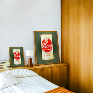 Pearl Bottle Last Light bar wall art print by Betsy Crum — framed in a wood-accent room