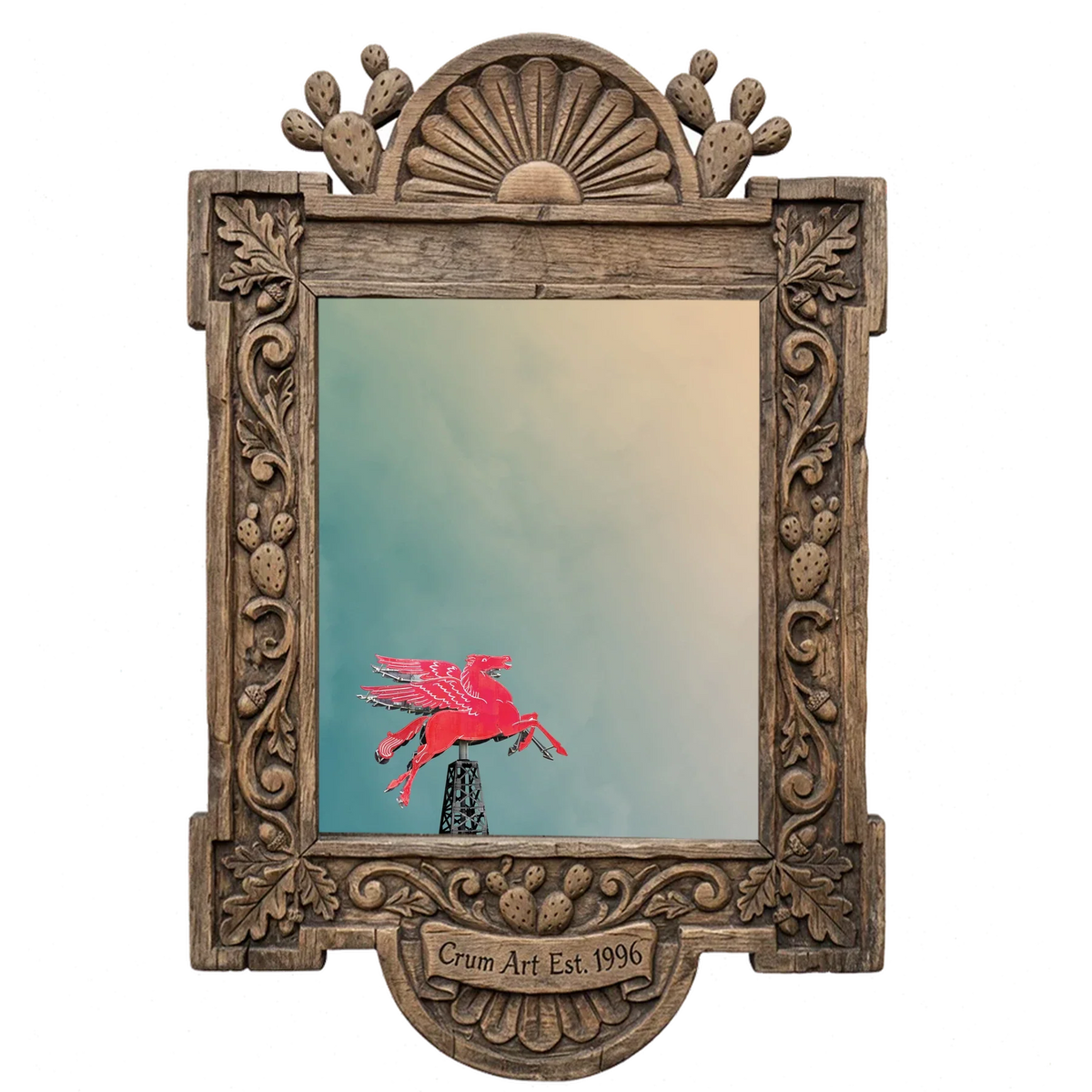 Pegasus Flying Red Horse — Dallas art print by Betsy Crum in a carved wood frame