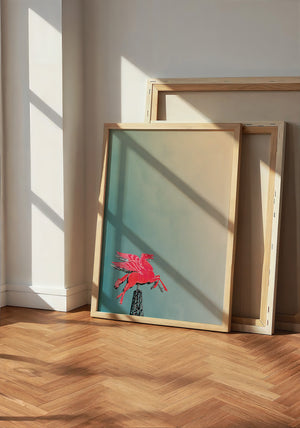 Pegasus Flying Red Horse Dallas art print by Betsy Crum — neutral frame room mockup
